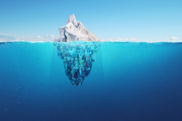 Creative iceberg floating in the ocean with garbage plastic bottles underwater. Global warming and pollution, a concept. Pollution of water and oceans - obrazy, fototapety, plakaty