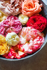 Close up of beautiful pink roses in bowl
