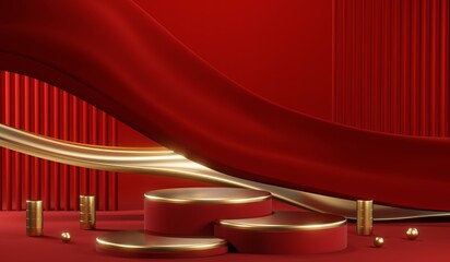 3D rendering of blank product background for cream cosmetics Modern red podium background