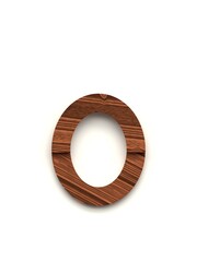 Small letter o made of several separate wooden pieces lying on top of each other with 3D effect and shadows on white background, 3d rendering