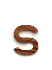 Small letter s made of several separate wooden pieces lying on top of each other with 3D effect and shadows on white background, 3d rendering