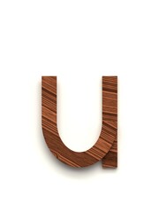 Small letter u made of several separate wooden pieces lying on top of each other with 3D effect and shadows on white background, 3d rendering