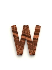 Small letter w made of several separate wooden pieces lying on top of each other with 3D effect and shadows on white background, 3d rendering