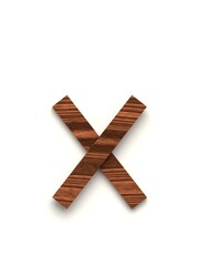 Small letter x made of several separate wooden pieces lying on top of each other with 3D effect and shadows on white background, 3d rendering