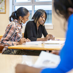 Teenage Students, classroom discussion. A pair of college friends working together in the...