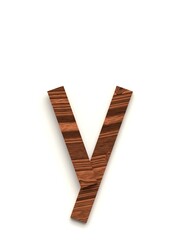 Small letter y made of several separate wooden pieces lying on top of each other with 3D effect and shadows on white background, 3d rendering
