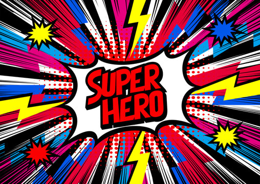 アメコミ風スーパーヒーローインパクト Super Hero, Speech bubble box. Comics book colored template background.