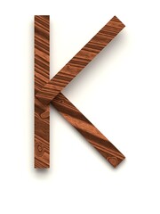 Letter K made of several separate wooden pieces lying on top of each other with 3D effect and shadows on white background, 3d rendering