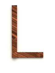 Letter L made of several separate wooden pieces lying on top of each other with 3D effect and shadows on white background, 3d rendering