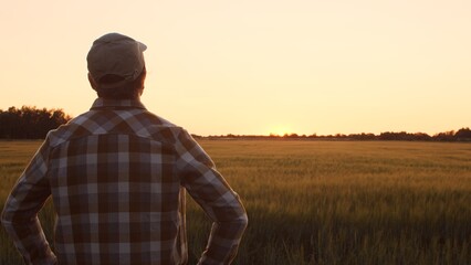 Farmer in front of a sunset agricultural landscape. Man in a countryside field. Country life, food production, farming and country lifestyle concept.