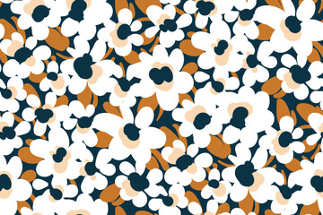 Seamless floral pattern, artistic floral texture with hand drawn meadow. Botanical background design with small white flowers, leaves, painting meadow. Vector illustration.