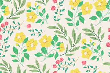 Seamless floral pattern, romantic ditsy print with folk motifs. Pretty botanical background with wild flowers, leaves, herbs, branches in an abstract composition on a white surface. Vector.