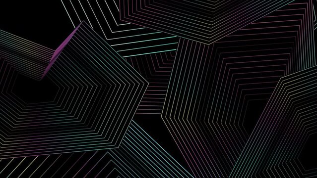 Black abstract background with holographic polygonal linear shapes. Seamless looping art deco motion design. Video animation Ultra HD 4K 3840x2160