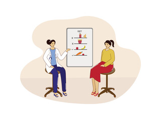 Vector Illustration Of Female Doctor Giving Personal Diet Plan Advice To Her Patient On Beige And White Background.