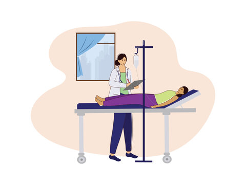 Vector Illustration Of Female Doctor Written Prescription For A Patient Lying On Bed In Hospital Room.