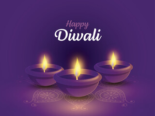 Fototapeta na wymiar Happy Diwali Celebration Concept With Illuminated Realistic Oil Lamps (Diya) On Purple Rangoli Background.