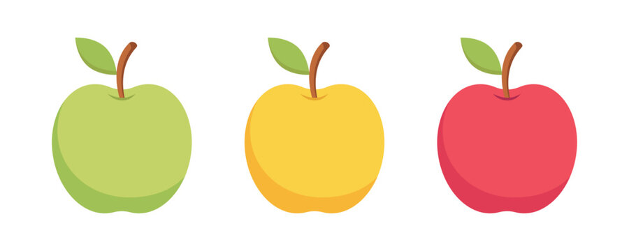 Set of apple icons. Flat vector illustration of green, red and yellow apple on white background.