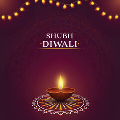 Shubh (Happy) Diwali Celebration Poster Design With Lit Realistic Oil Lamp (Diya) Over Rangoli And Lighting Garland On Purple Background.