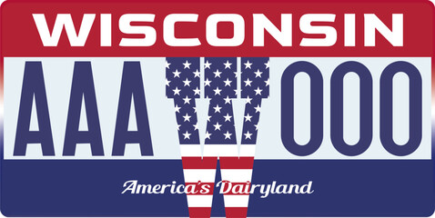 Vehicle license plates marking in Wisconsin in United States of America, Car plates.Vehicle license numbers of different American states.Vintage print for tee shirt graphics,sticker and poster