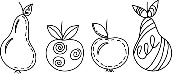 Doodle apples, pears outline, sketch on white background