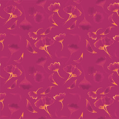 Floral seamless pattern with gimkgo leaves on burgundy background. Hand drawn digital paper with yellow ginkgo leaves. Abstract foliage pattern background.