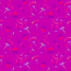 Floral seamless pattern with gimkgo leaves on purple background. Hand drawn digital paper with red and blue ginkgo leaves. Abstract foliage pattern background.