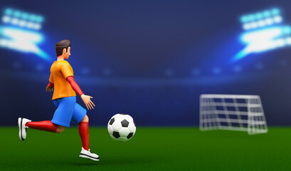 Obraz na płótnie Canvas 3D Render Of Footballer Kicking The Ball On Blue And Green Stadium Background.
