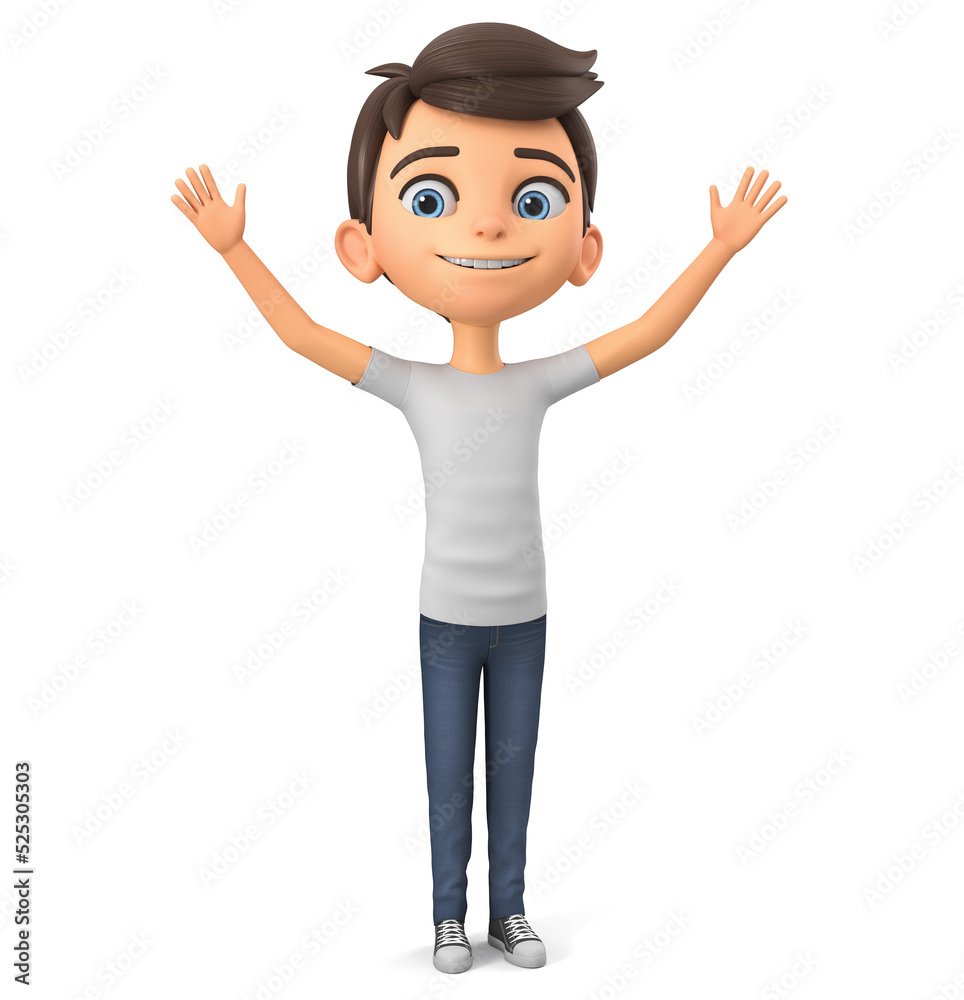 Wall mural boy cartoon character raised his hands up. 3d rendering.