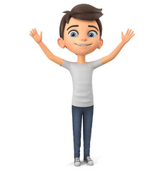Boy cartoon character raised his hands up. 3d rendering.