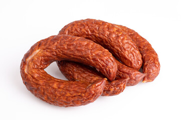 Traditional smoked sausage, isolated, close-up. Polish meat sausage, a packshot photo for package design. 