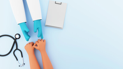3D Render Close Up Of Doctor Hands With Patient, Stethoscope, Blank Clipboard And Copy Space On Blue Background.