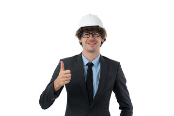 Portrait of Smiling young business man in black suit protective construction helmet showing thumbs up isolated on white background.