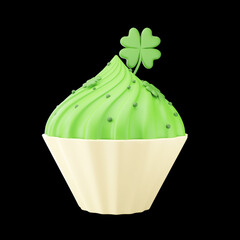 3D Render Of Delicious Cupcake With Clover Leaf Element In White And Green Color.