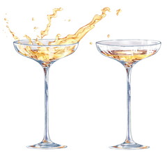 Festive wine glasses with splashes of champagne. Isolated on white. Wedding Set - 525306767