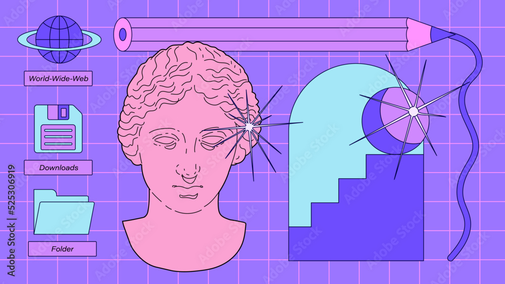Aufkleber retro desktop with icons in vaporwave 80's style. collage of user interface elements and venus sculp