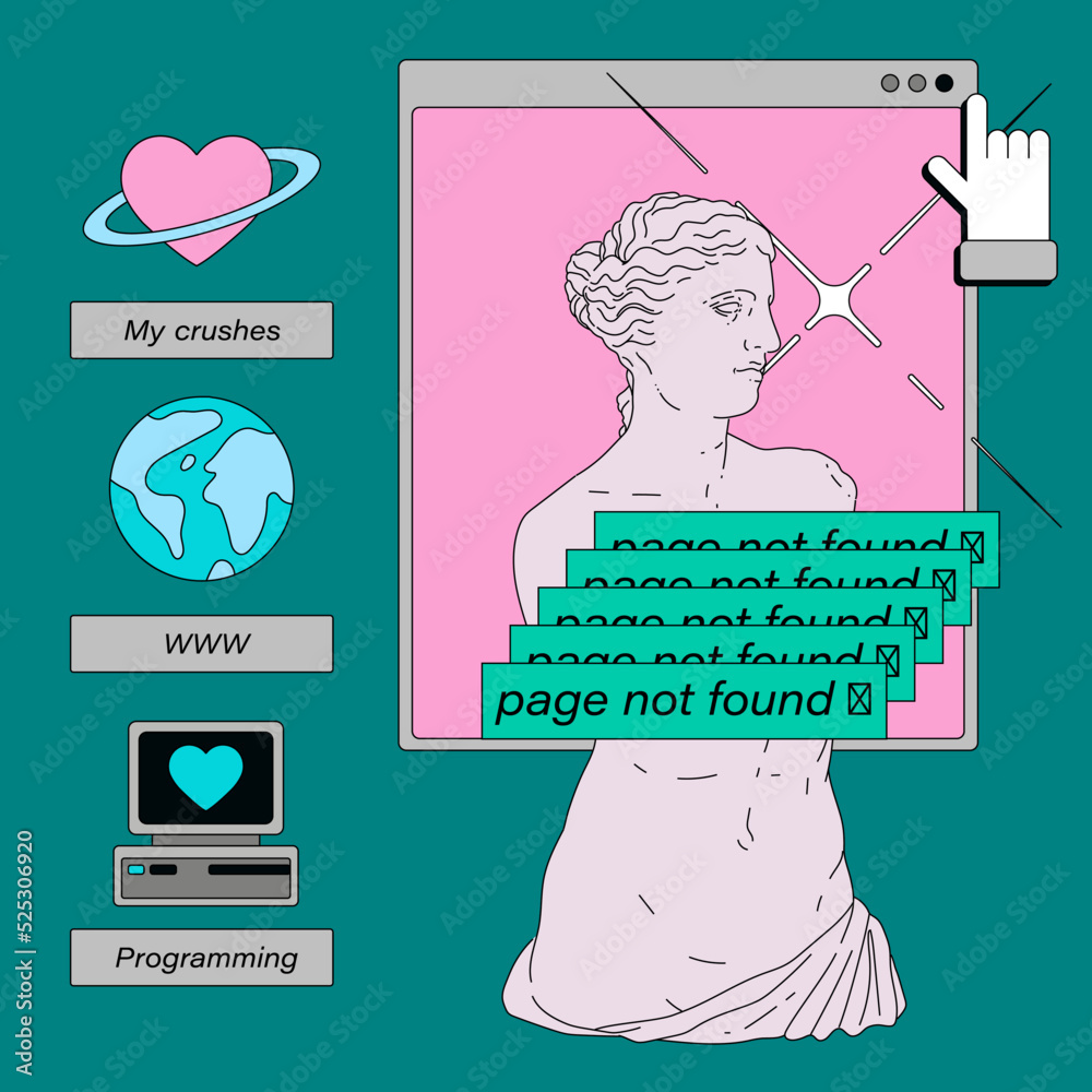 Poster Retro desktop with icons in vaporwave 80's style. Collage of user interface elements and Venus sculpture. 