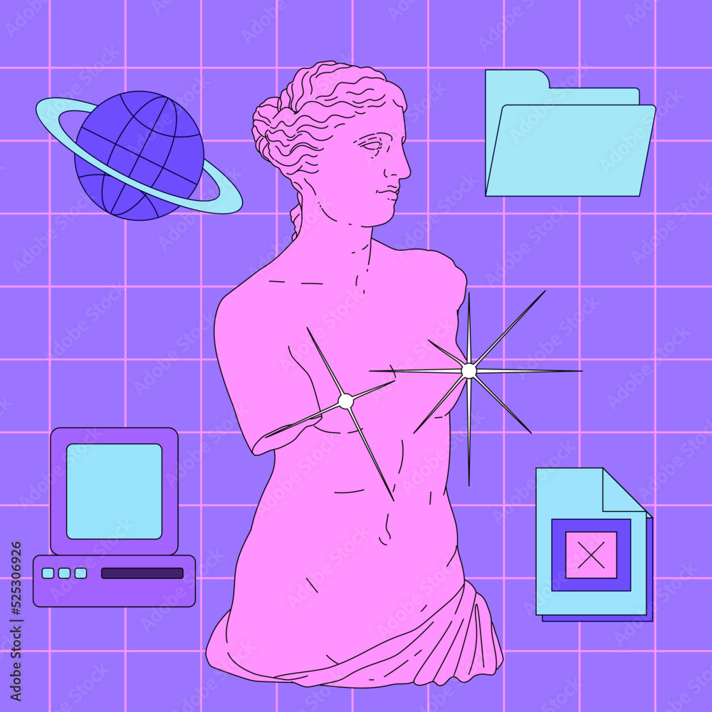 Leinwandbilder retro desktop with icons in vaporwave 80's style. collage of user interface elements and venus sculp