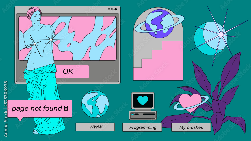 Aufkleber Retro desktop with icons in vaporwave 80's style. Collage of user interface elements and Venus sculpture. 