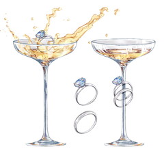 Festive wine glasses with splashes of champagne. Isolated on white. Wedding Set - 525307119