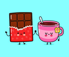 Cute, funny happy cup of tea and chocolate character. Vector hand drawn cartoon kawaii characters, illustration icon. Funny cartoon cup of tea and chocolate friends concept