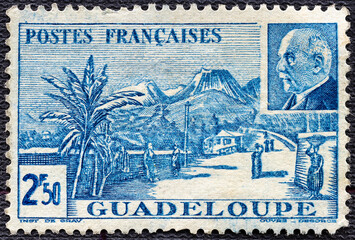 France - circa 1941: a postage stamp from France , showing Soufri ere View and Marshal P etain,...