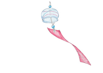 揺れるピンク色紙の風鈴のアオリ視点イラスト（水彩風）