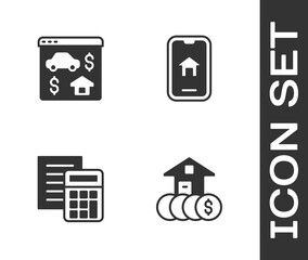 Set House with dollar, Online real estate, Calculator and icon. Vector