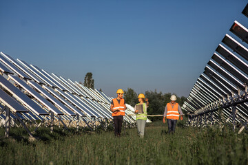 In a sunny day at photovoltaic solar farm walking in front of the camera group of investors and...