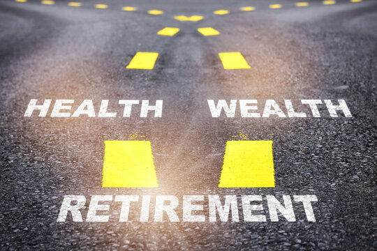 Road to retirement with happiness. Wealth and health concept and