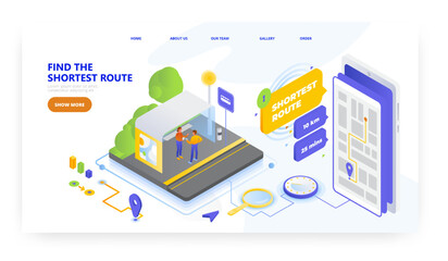 Find the shortest route on mobile, landing page design, website banner vector template. Road trip planning.