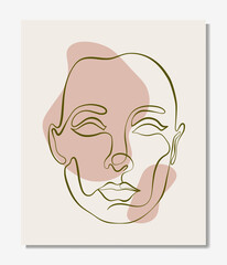 Vector poster with illustration of woman’s line art face. Modern one line drawing with blobs, pastel colors. Sisterhood and Feminism. Illustration for web and print.