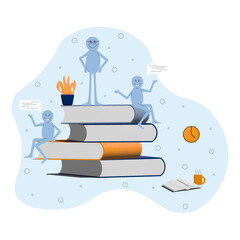 Education composition with students learning and studying. Teamwork concept. 3D realistic vector illustration. School college activity, teamwork. Communication and teamwork concept. Reading a book. 