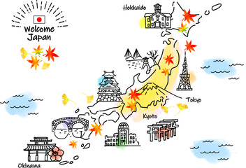 秋の手描きの日本地図と観光地のシンプル線画イラスト