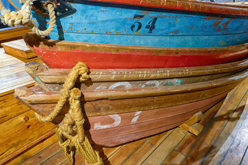 The collection of cod fishing dories or whaleboats in the Maritime Museum of Ilhavo in Aveiro,...